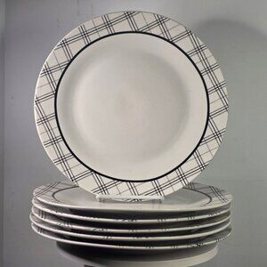 Set of 6 Royal Norfolk Black & White Plaid Rim Stoneware Dinner Plates 10.5" – F